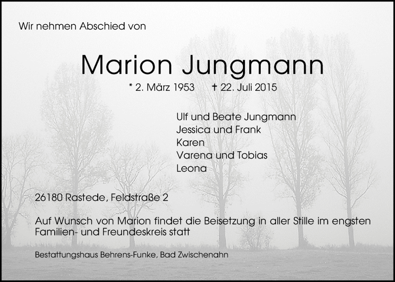  Traueranzeige für Marion Jungmann vom 25.07.2015 aus Nordwest-Zeitung