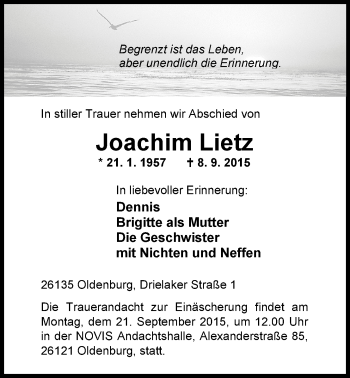 Traueranzeige von Joachim Lietz von Nordwest-Zeitung