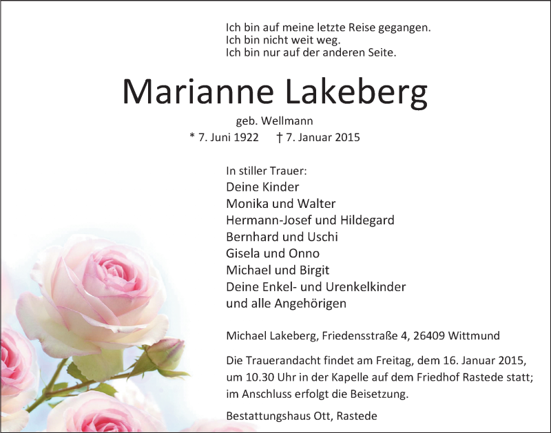  Traueranzeige für Marianne Lakeberg vom 13.01.2015 aus Nordwest-Zeitung