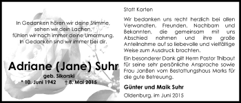 Traueranzeige von Adriane (Jane) Suhr von Nordwest-Zeitung