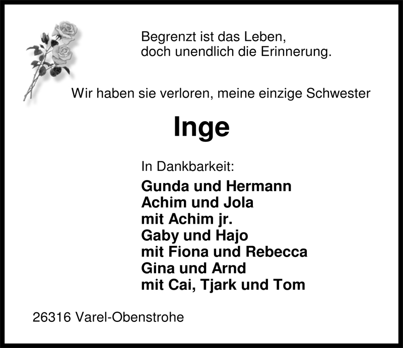  Traueranzeige für Inge Fehners vom 13.07.2009 aus Nordwest-Zeitung