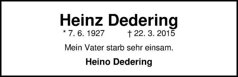  Traueranzeige für Heinz Dedering vom 28.03.2015 aus Nordwest-Zeitung