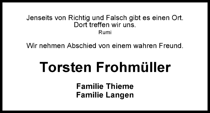  Traueranzeige für Torsten Frohmüller vom 22.04.2015 aus Nordwest-Zeitung