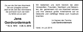 Traueranzeige von Jens Gerdvordermark von Nordwest-Zeitung