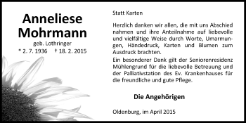 Traueranzeige von Anneliese Mohrmann von Nordwest-Zeitung
