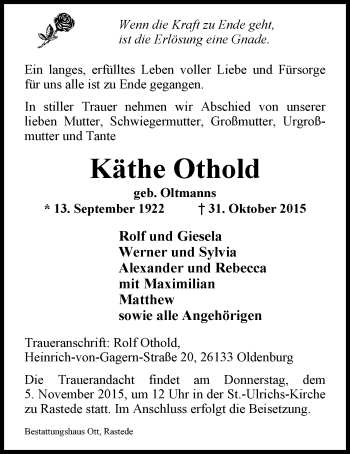 Traueranzeige von Käthe Othold von Nordwest-Zeitung