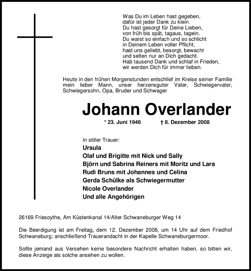  Traueranzeige für Johann Overlander vom 09.12.2008 aus Nordwest-Zeitung