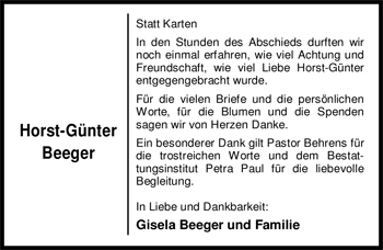 Traueranzeige von Horst-Günter Beeger von Nordwest-Zeitung
