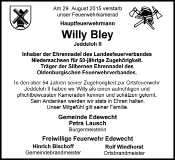 Traueranzeige von Willy Bley von Nordwest-Zeitung