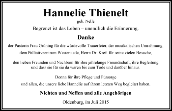 Traueranzeige von Hannelie Thienelt von Nordwest-Zeitung