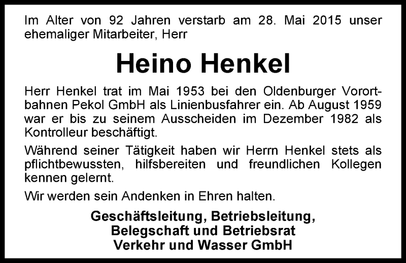  Traueranzeige für Heino Henkel vom 03.06.2015 aus Nordwest-Zeitung