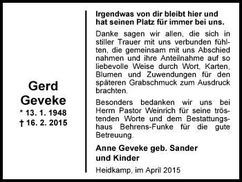 Traueranzeige von Gerd Geveke von Nordwest-Zeitung