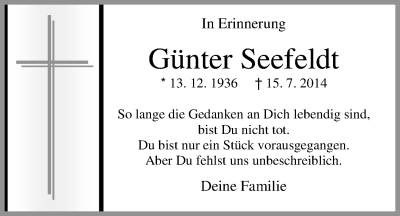  Traueranzeige für Günter Seefeldt vom 15.07.2015 aus Nordwest-Zeitung