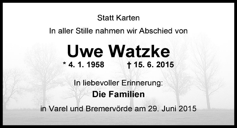  Traueranzeige für Uwe Watzke vom 03.07.2015 aus Nordwest-Zeitung