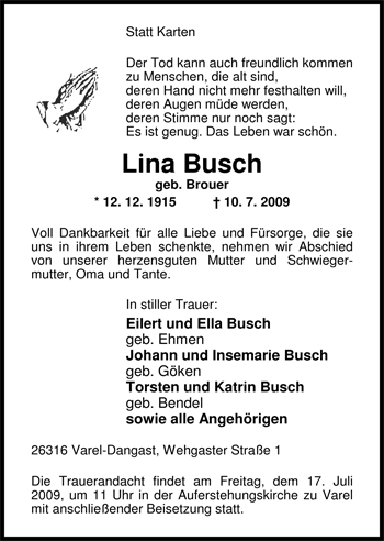 Traueranzeige von Lina Busch von Nordwest-Zeitung