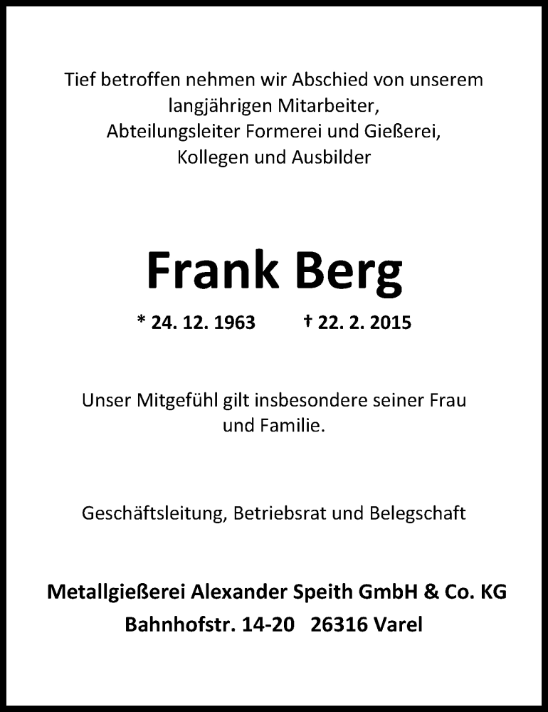  Traueranzeige für Frank Berg vom 25.02.2015 aus Nordwest-Zeitung