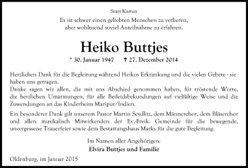 Traueranzeige von Heiko Buttjes von Nordwest-Zeitung
