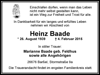 Traueranzeige von Heinz Baade von Nordwest-Zeitung