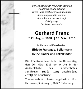 Traueranzeige von Gerhard Franz von Nordwest-Zeitung