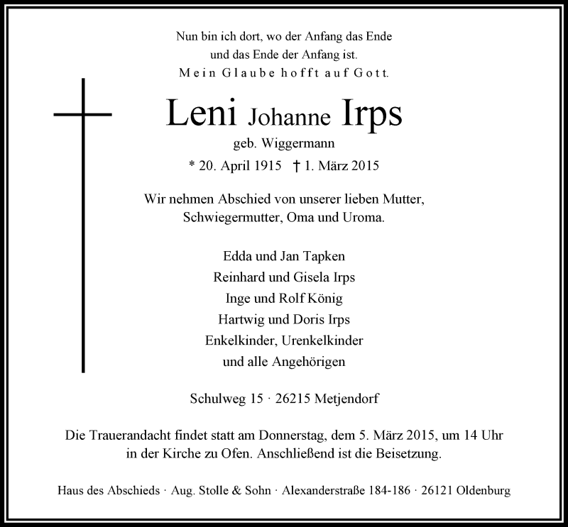  Traueranzeige für Leni Johanne Irps vom 03.03.2015 aus Nordwest-Zeitung