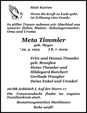 Traueranzeige von Meta Timmler von Nordwest-Zeitung