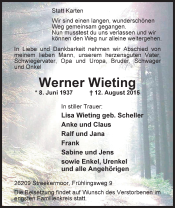 Traueranzeige von Werner Wieting von Nordwest-Zeitung