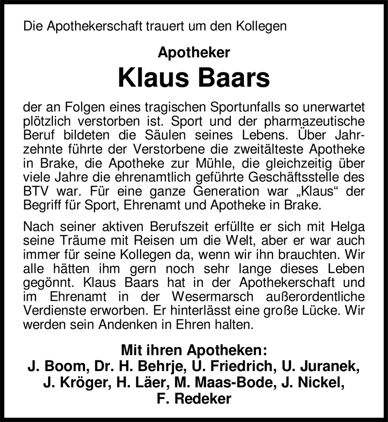  Traueranzeige für Klaus Baars vom 26.05.2009 aus Nordwest-Zeitung