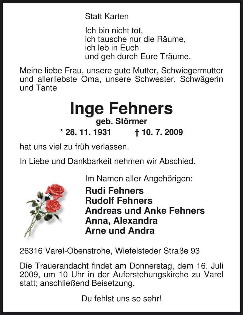  Traueranzeige für Inge Fehners vom 13.07.2009 aus Nordwest-Zeitung