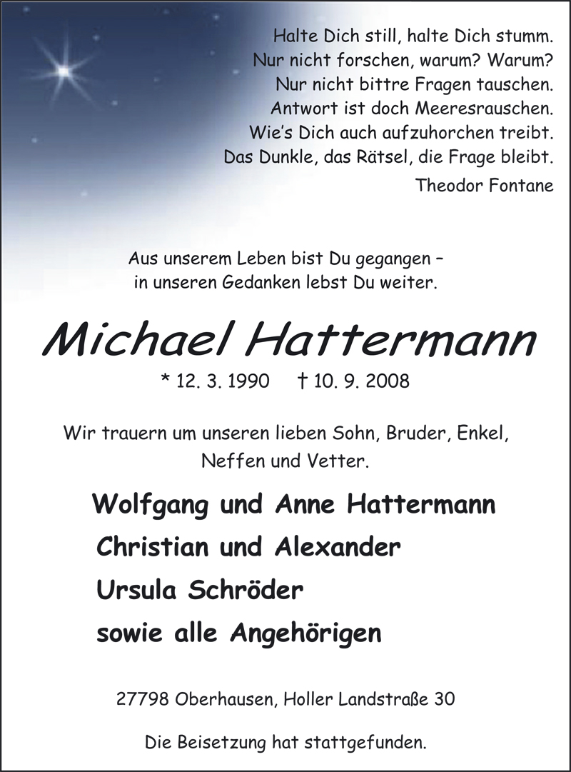  Traueranzeige für Michael Hattermann vom 19.09.2008 aus Nordwest-Zeitung