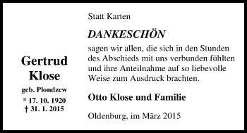 Traueranzeige von Gertrud Klose von Nordwest-Zeitung