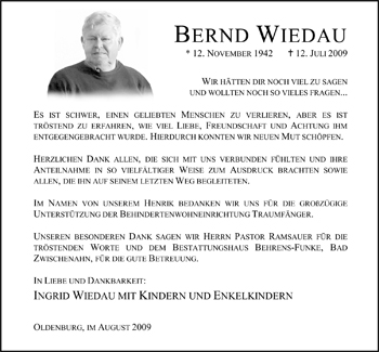 Traueranzeige von Bernd Wiedau von Nordwest-Zeitung