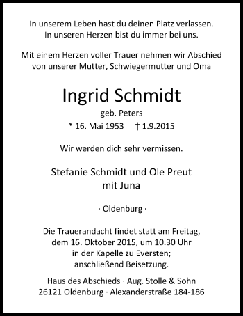 Traueranzeige von Ingrid Schmidt von Nordwest-Zeitung