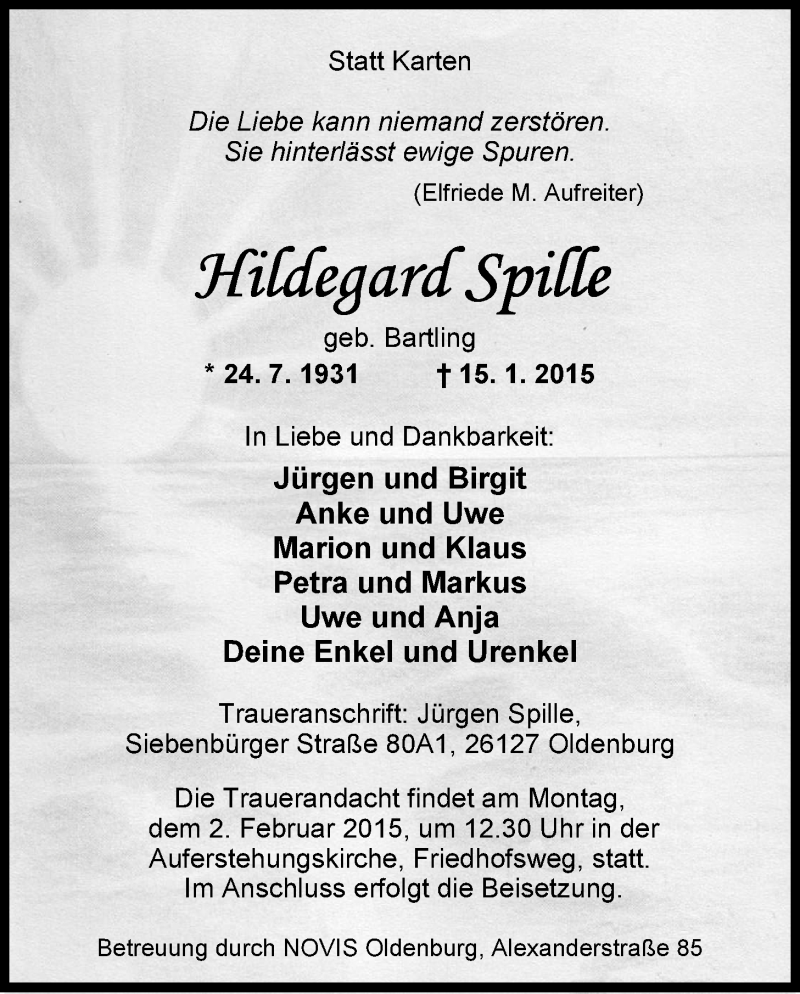  Traueranzeige für Hildegard Spille vom 21.01.2015 aus Nordwest-Zeitung