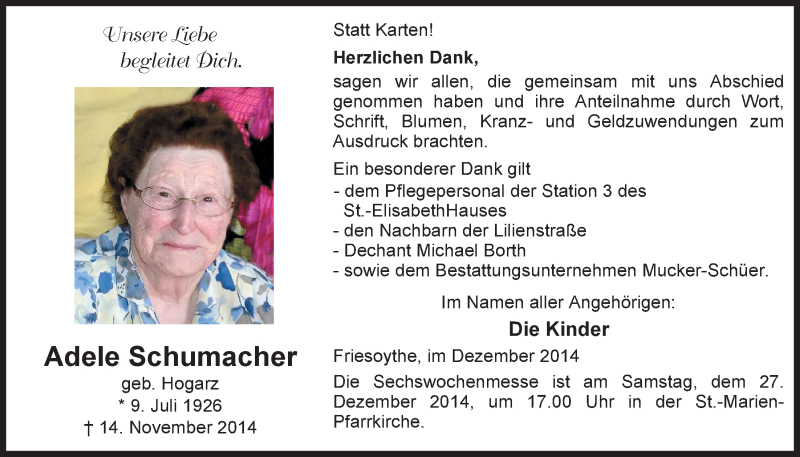  Traueranzeige für Adele Schumacher vom 20.12.2014 aus Nordwest-Zeitung