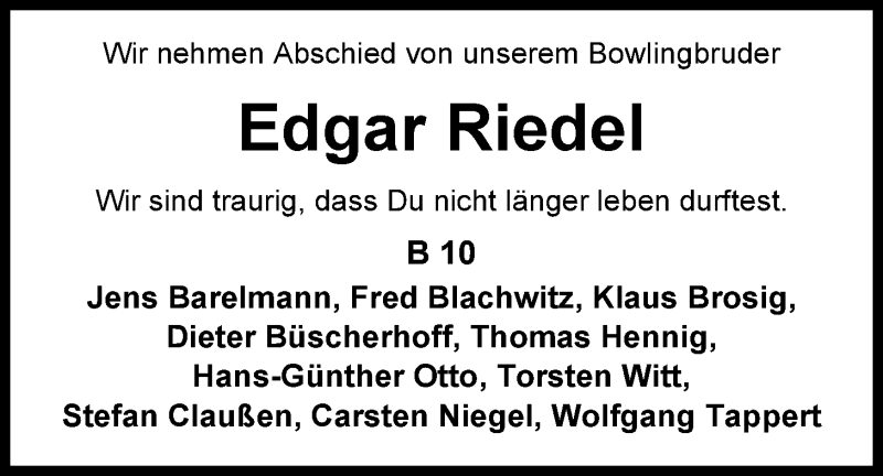  Traueranzeige für Edgar Riedel vom 22.10.2015 aus Nordwest-Zeitung