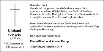 Traueranzeige von Christel Schacht von Nordwest-Zeitung