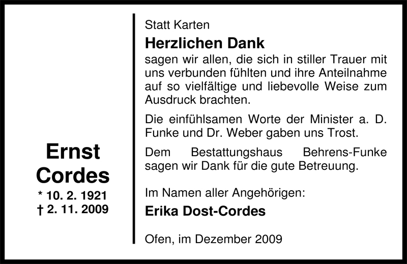  Traueranzeige für Ernst Cordes vom 05.12.2009 aus Nordwest-Zeitung