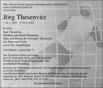 Traueranzeige von Jörg Thesenvitz von Nordwest-Zeitung