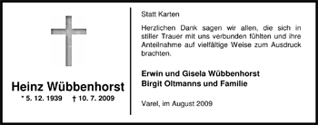 Traueranzeige von Heinz Wübbenhorst von Nordwest-Zeitung