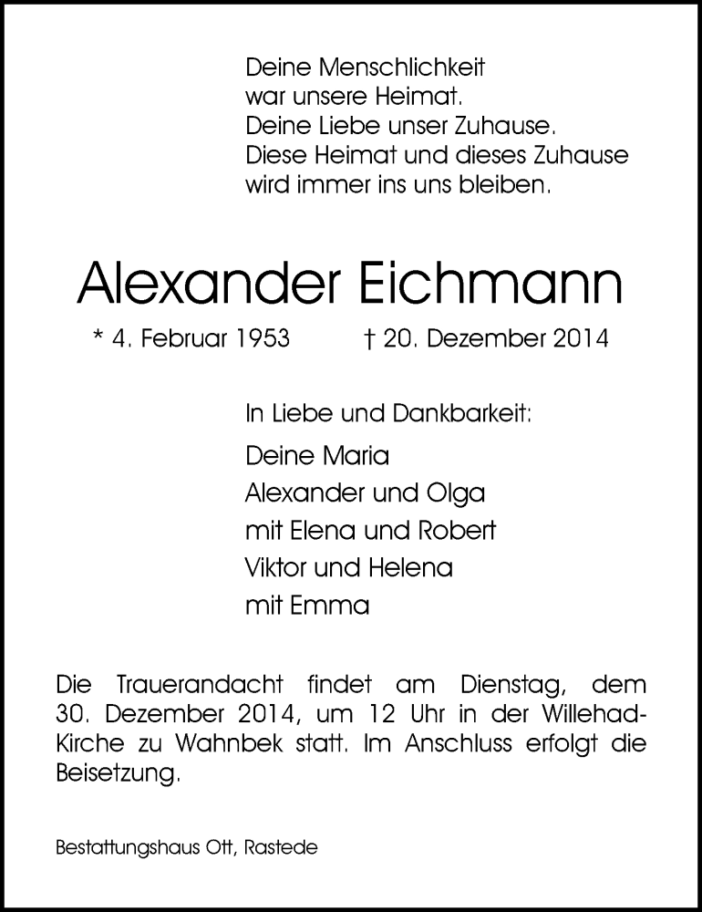  Traueranzeige für Alexander Eichmann vom 24.12.2014 aus Nordwest-Zeitung