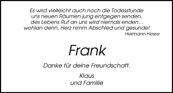 Traueranzeige von Frank Dannemann von Nordwest-Zeitung