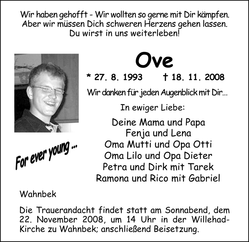  Traueranzeige für Ove Reckling vom 19.11.2008 aus Nordwest-Zeitung