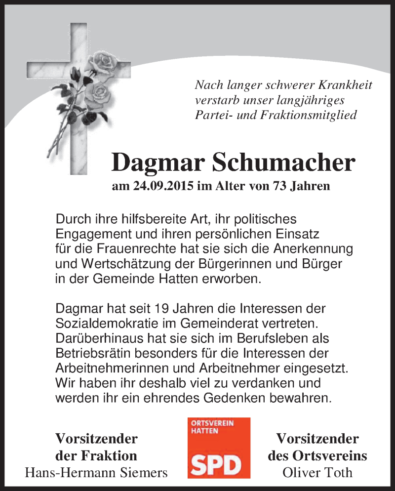  Traueranzeige für Dagmar Schumacher vom 28.09.2015 aus Nordwest-Zeitung
