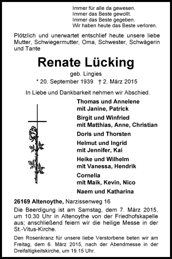 Traueranzeige von Renate Lücking von Nordwest-Zeitung