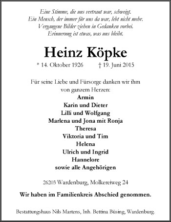 Traueranzeige von Heinz Köpke von Nordwest-Zeitung