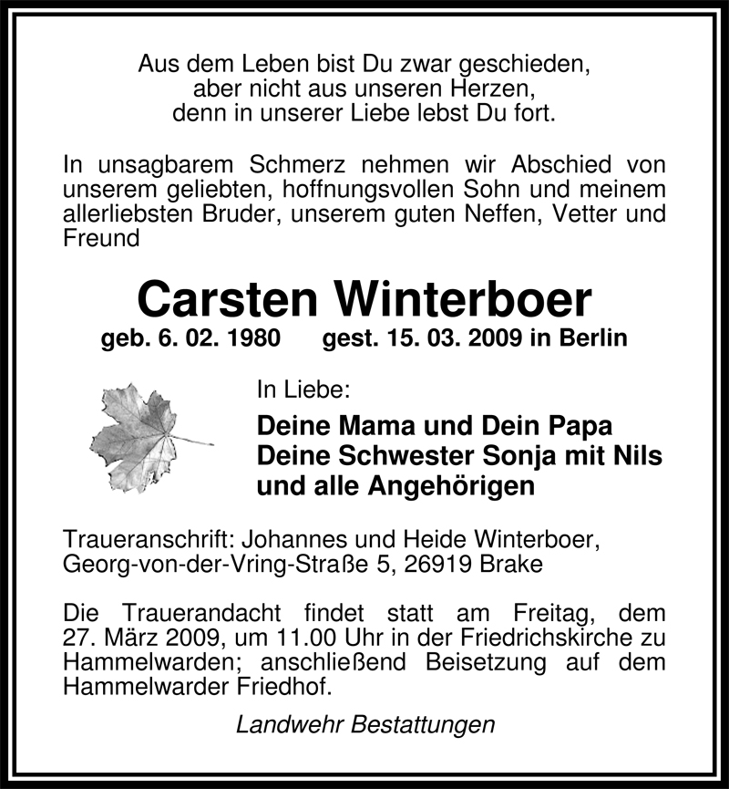  Traueranzeige für Carsten Winterboer vom 21.03.2009 aus Nordwest-Zeitung