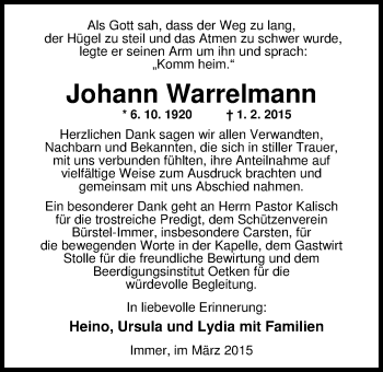 Traueranzeige von Johann Warrelmann von Nordwest-Zeitung