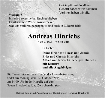 Traueranzeige von Andreas Hinrichs von Nordwest-Zeitung
