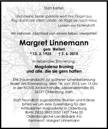 Traueranzeige von Margret Linnemann von Nordwest-Zeitung