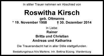 Traueranzeige von Roswitha Kirsch von Nordwest-Zeitung